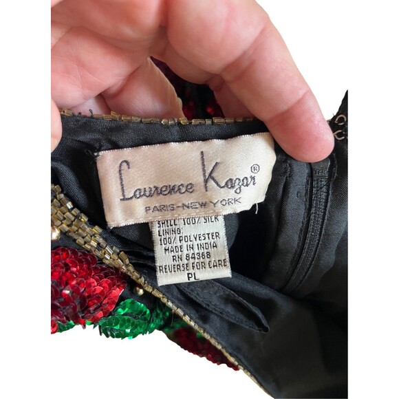 VINTAGE 80s LAWRENCE KAZAR POINTSETTIA BEADED SILK TOP SEQUIN HOLIDAY BLOUSE - Picture 8 of 8